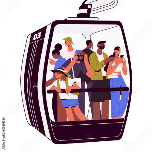 Tourists in cablecar, glass carriage of cableway. Happy people, passengers inside transparent cable car, aerial booth. Hauled cabin of ropeway. Flat vector illustration isolated on white background