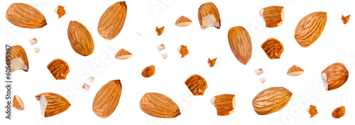 almond Closeup and full almond fly on white isolated with clipping path or piece side view almond cracked macro on white isolated. Almonds is torn to pieces close-up, Peeled almonds whole and pieces