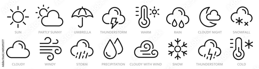 Weather line icon collection. Weather forecast symbol. Weather, cloud,  rain, snow, wind, hurricane, sun, moon, thermometer and more - stock  vector. Stock Vector