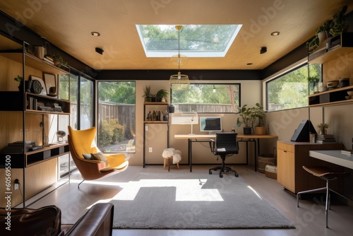 old garage, converted into stylish and functional home office with sleek furnishings and modern decor, created with generative ai