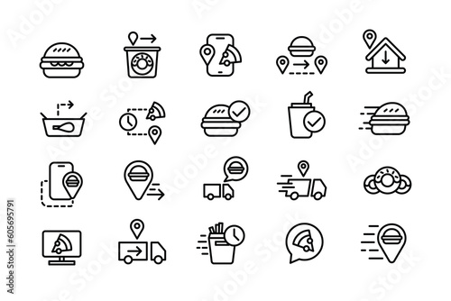 Food delivery outline icon set for food business project