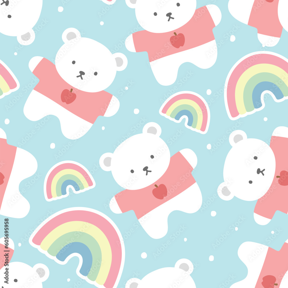 Teddy Bear Seamless Pattern Background, Happy cute bear with apple tshirt, Cartoon Panda Bears Vector illustration for kids soft background with dots Teddy Bear Seamless Pattern Background, Happy cute bear with apple tshirt, Cartoon Panda Bears Vector illustration for kids soft background with dots