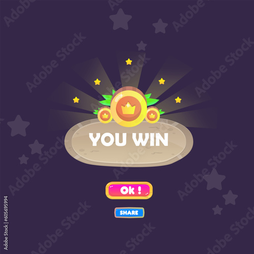 You Win Game UI Badge Pop Up Icon Reward Prize Premium Coins Stars Brown Stone Button Magic Shine Buttons Cartoon Cute Vector Design