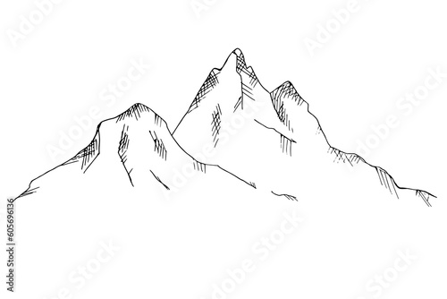 Mountains. Mountainous sketch. Hilly landscape hand-drawn. Tourism, travel, nature, life style. Line art.  illustration