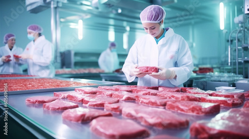  Artificial meat is made in the laboratory. Analysis of the composition of meat and test tubes with pieces of beef. The technology of growing food from fibers. Generative AI.