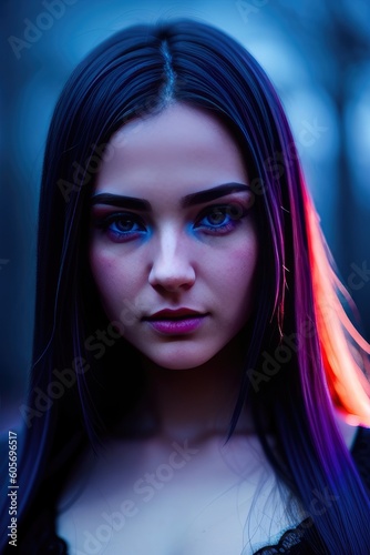 Portrait of young pretty girl with neon lighting. Сoncept of virtual reality, created with Generative AI