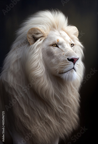Portrait of an albino white lion on a dark background. AI Generated