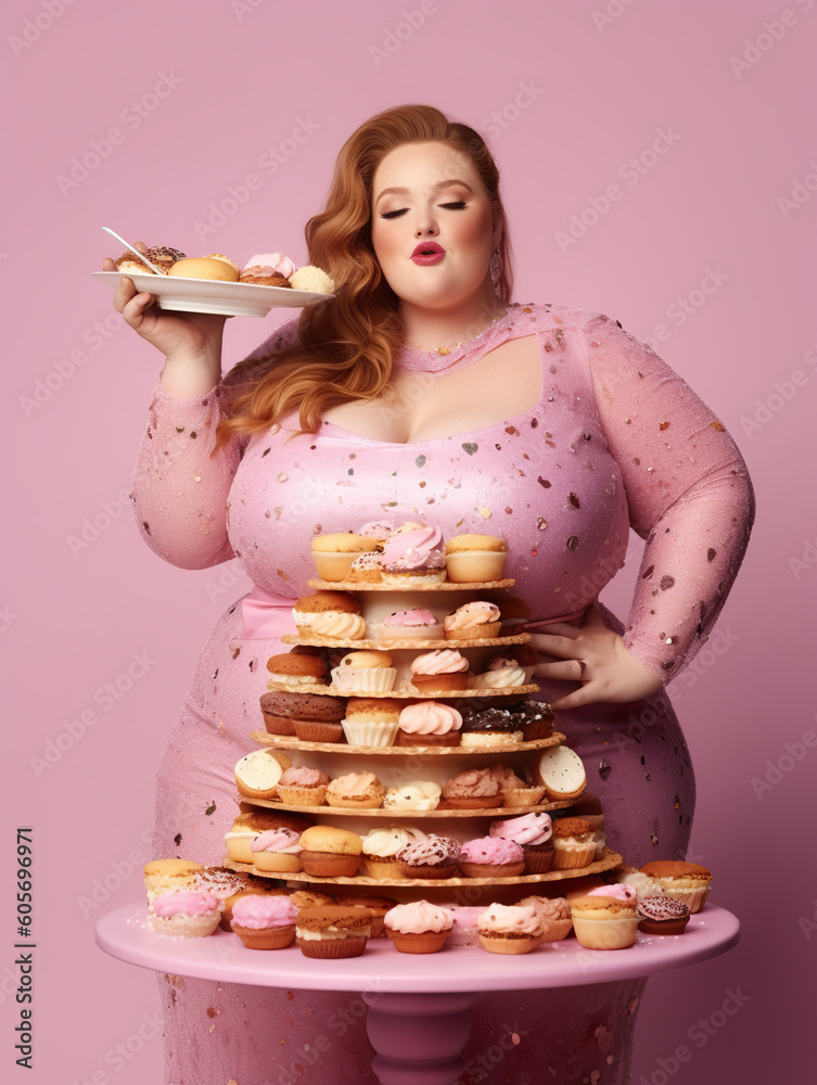 Φωτογραφία A plump woman in a pink dress holding a plate of donuts