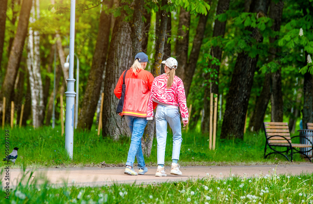 Fototapeta premium Two girlfriends walk along a path in the Park 