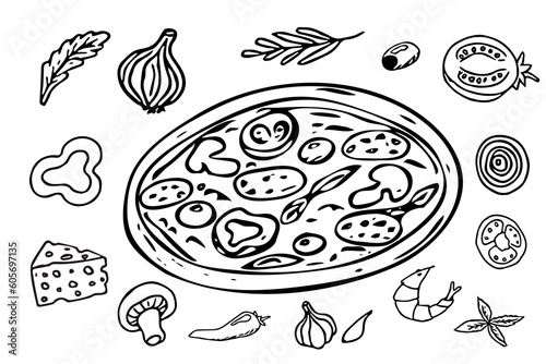 pizza set, round pizza with ingredients doodle hand drawn in cartoon style, comic isolated on white background. 