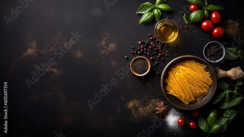 minimalistic background with italien cooking ingredient, top view copy space, mock up