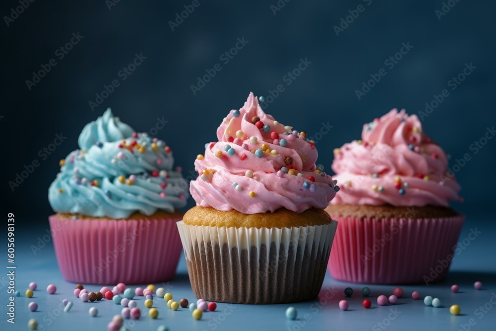 Tasty cupcakes with pink, white, and blue frosting on a blue background. Perfect for a party or birthday. Generative AI