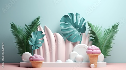 3d scene design with ice stage and palm leaf. Blank background suitable for displaying ice cream or other summer products generative ai