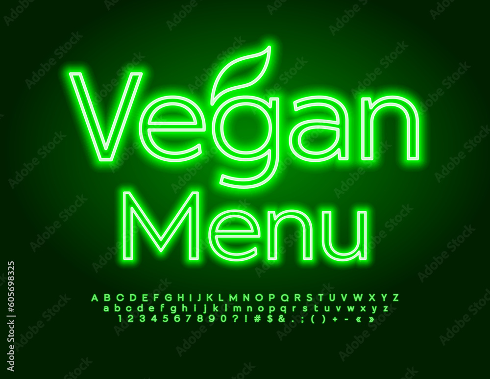 Naklejka premium Vector Glowing poster Vegan Menu. Green Neon Font. Modern Electric Alphabet Letters and Numbers set