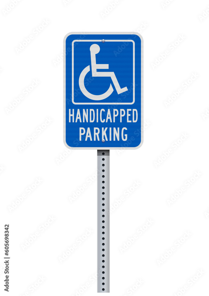 Vector illustration of the Handicapped Parking blue sign on metallic post