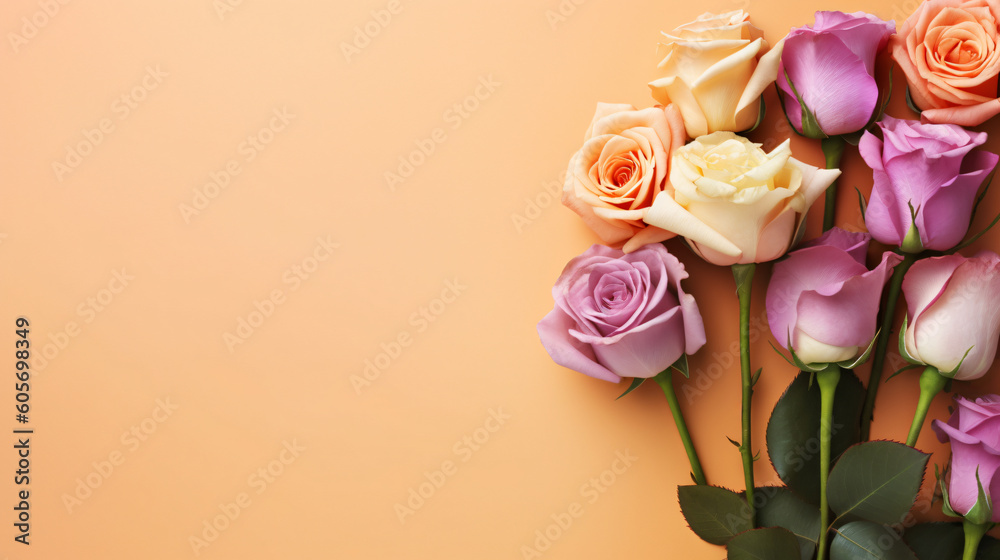 Fototapeta premium Beautiful close-up of vibrant roses on a colored background, made with generative AI