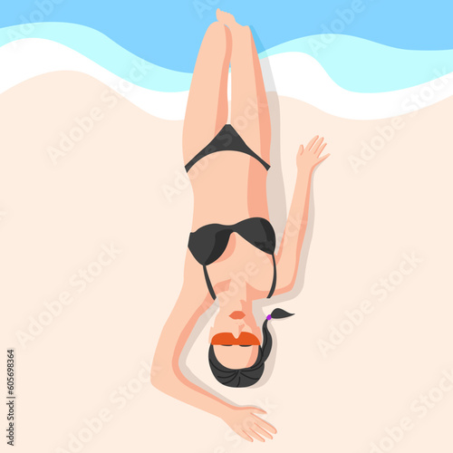 Young girl in a black swimsuit is sunbathing on the beach near the sea, the ocean. The concept of summer vacation, tourism, travel, relaxation. View from above. Vector illustration