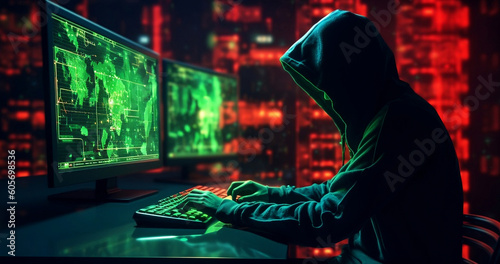 Tela Hacker on a PC in Cyberspace hacking the Matrix - Generative AI