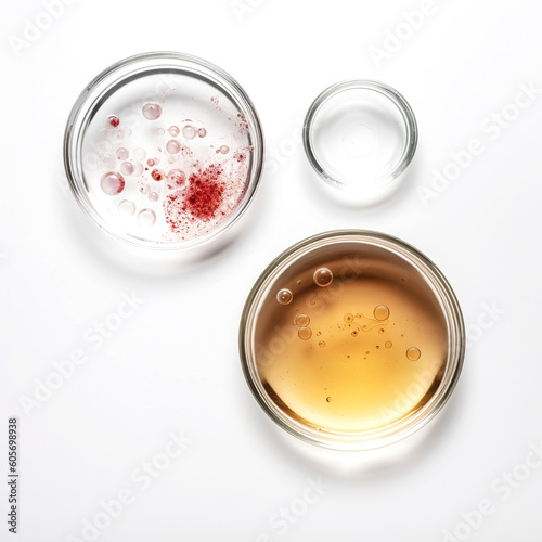 Petri dish with cosmetic or medical liquid and research transparent chemistry glassware