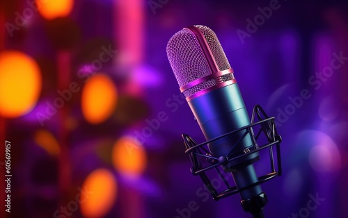 Podcast concept, microphone on purple blurry background 