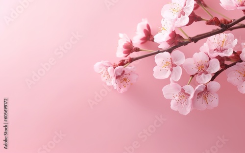 Pink cherry blossoms on light background with copy space