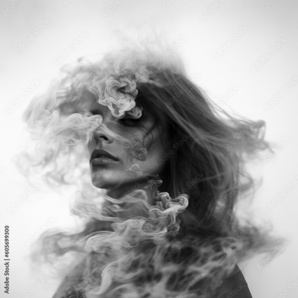 Double Exposure style image of a woman surrounded by dark smoke, portrait on a blank background