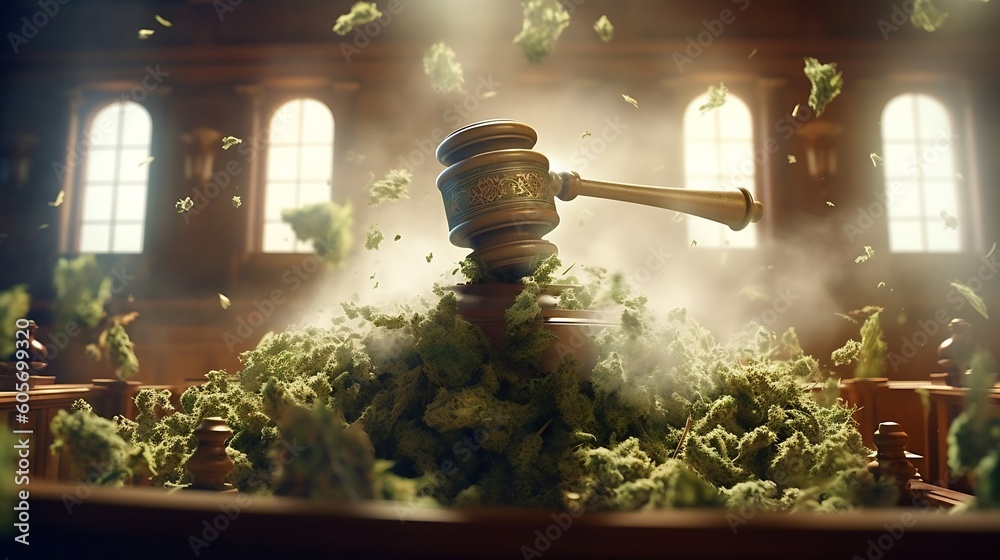 AI generated: Colorful Marijuana Vine Enveloping Judge's Gavel with Entangled Flowers and Smoke Effect - obrazy, fototapety, plakaty 