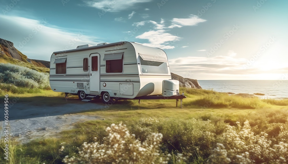 AI generated: Morning Serenity with Coffee and Campervan in Sunlit Nature