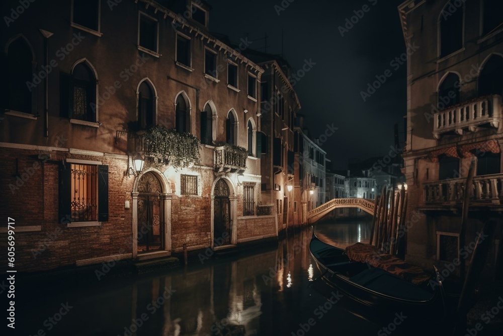 Oil painting of Venice at night. Generative AI