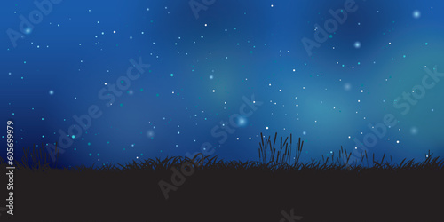 Grass field silhouette with night sky have a lot of stars background vector illustration. 