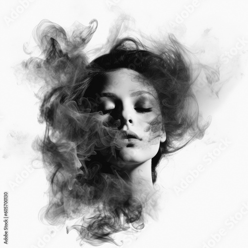 Double Exposure style image of a woman surrounded by dark smoke, portrait on a blank background
