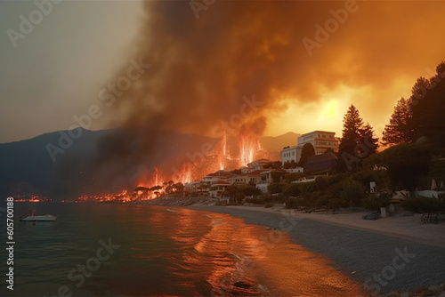 Forest fire, view from the beach. A holiday resort on fire. The problem of drought, global warming and fires. Ai illustration, fantasy digital painting, Generative AI