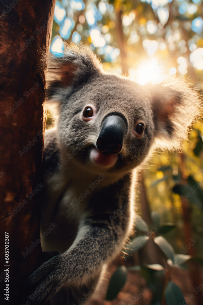 Obraz premium Beautiful close-up of a cute koala hanging on a Eucalyptus tree, made with generative AI