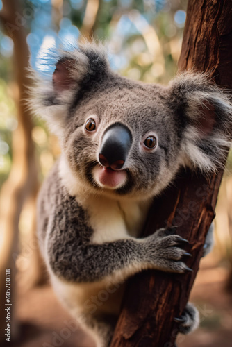 Beautiful close-up of a cute koala hanging on a Eucalyptus tree  made with generative AI