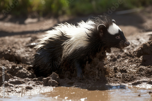 a skunk playing in the mud