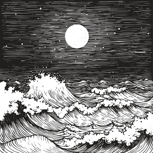 Night seascape of a stormy sea with moon and stars. Linear graphic drawing.