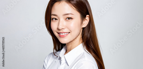 A charming Asian girl with a friendly demeanor dons a white shirt as she looks directly at the camera, her warm smile radiating joy and positivity. generative AI. photo