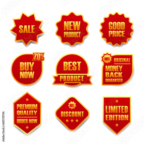 complete collection of label stickers for product promotion sales in red and gold color