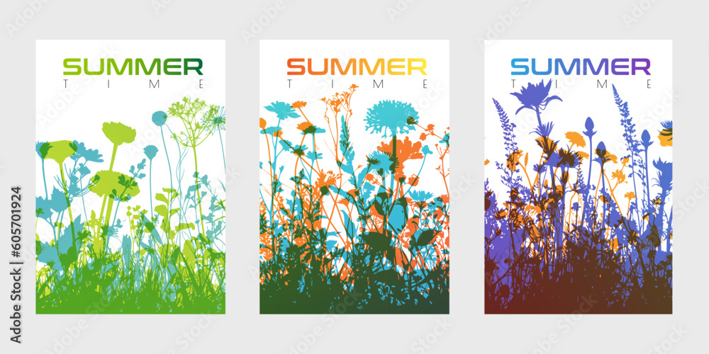 Grass with herbs and wild flowers. Colorful vector isolated silhouettes of floral meadow. Vertical posters.