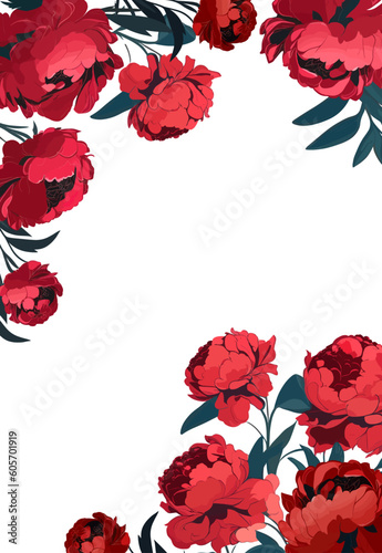 Peonies. Vertical frame from red elegant flowers. Vector decoration.