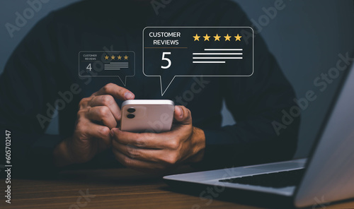 Canvas Print User give rating to service excellent experience on mobile phone application, Client evaluate quality of service reputation ranking of business