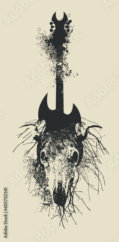 Vector sign illustration with an electric guitar, tree roots and skull of cow or bull with horns with splashes and curls in grunge style