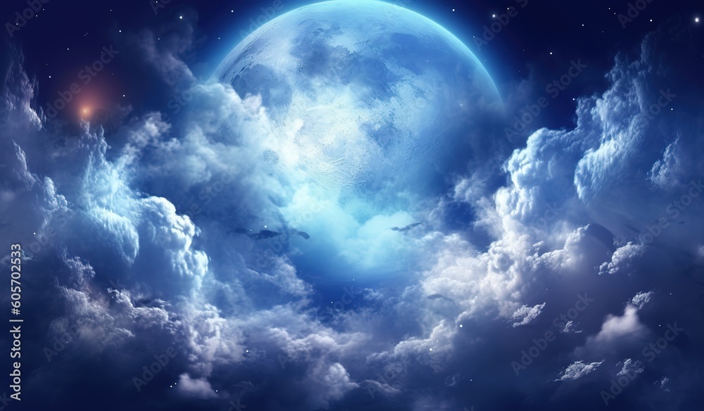 Beautiful realistic flight over cumulus lush clouds in the night moonlight. A large full moon shines brightly on a deep starry night.