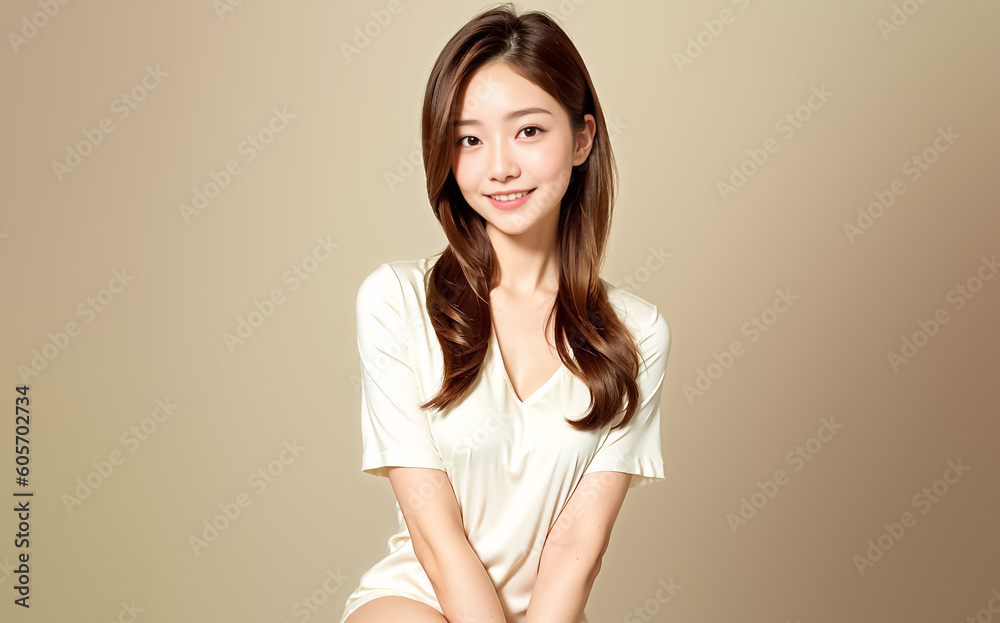 Obraz premium Asian woman wearing a white T-shirt pajama radiates joy as she smiles captivatingly at the camera against a solid background. generative AI