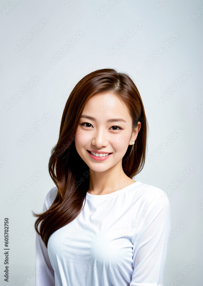 Asian woman wearing a white T-shirt pajama radiates joy as she smiles captivatingly at the camera against a solid background. generative AI Asian woman wearing a white T-shirt pajama radiates joy as she smiles captivatingly at the camera against a solid background. generative AI