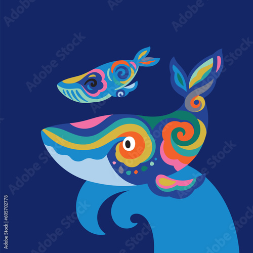 Big blue whale with baby on the wave, ethnic style