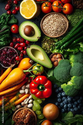 A variety of fruits and vegetables on a table. Generative AI.