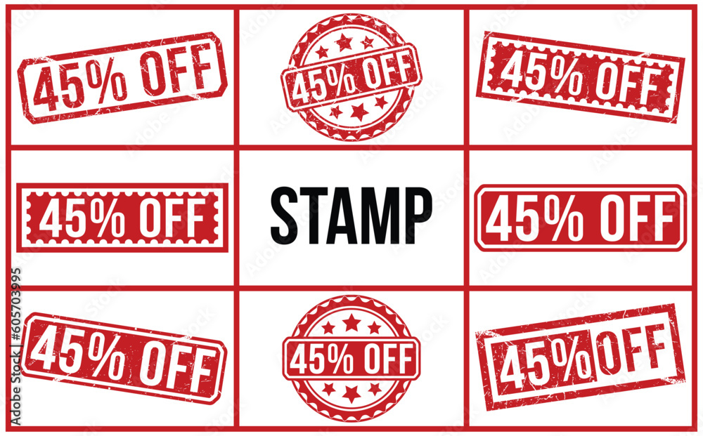 45% off red rubber stamp vector illustration on white background. 45% off rubber stamp set. 45% off red rubber stamp vector illustration on white background. 45% off rubber stamp set.