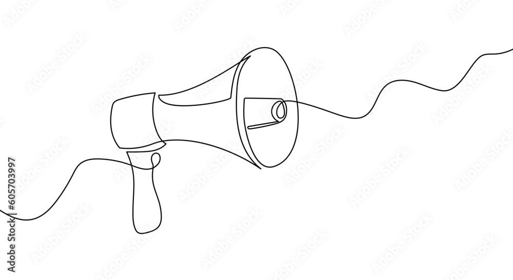 Speaker continuous line megaphone icon illustration sketch media art. Doodle art speaker voice microphone loudspeaker. Megaphone warning announces sound attention symbol. Vector illustration.