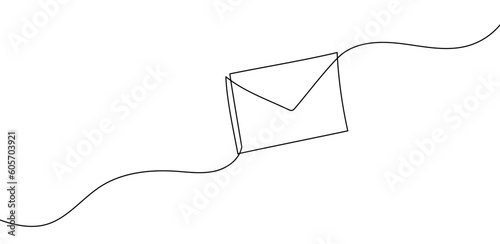 Continuous one line mail envelope letter drowning illustration. Email sketch art post graphic letter message. Newsletter paper send icon. Postal symbol wax drawn outline. Vector illustration.